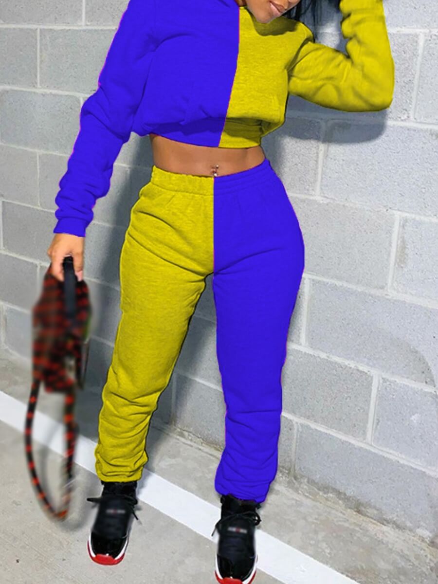 

Lovely Casual Patchwork Blue Two Piece Pants Set