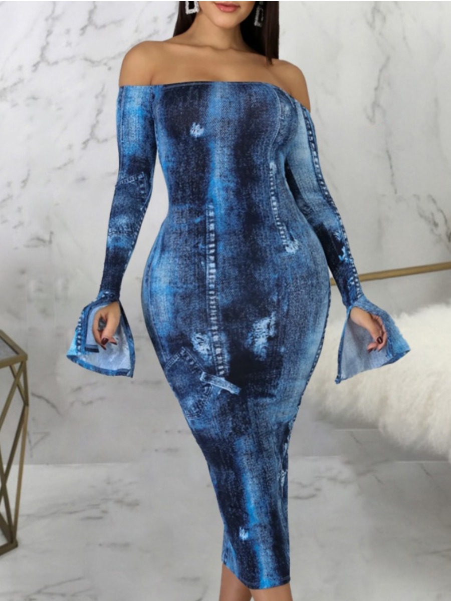 

lovely Sexy Dew Shoulder Print Blue Mid Calf Dress