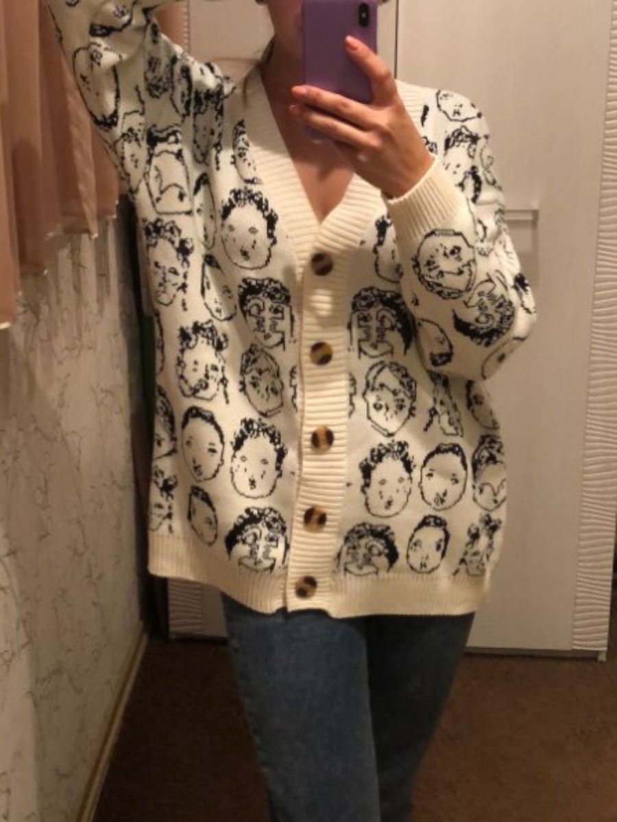 

lovely Sweet V Neck Print Patchwork White Cardigan