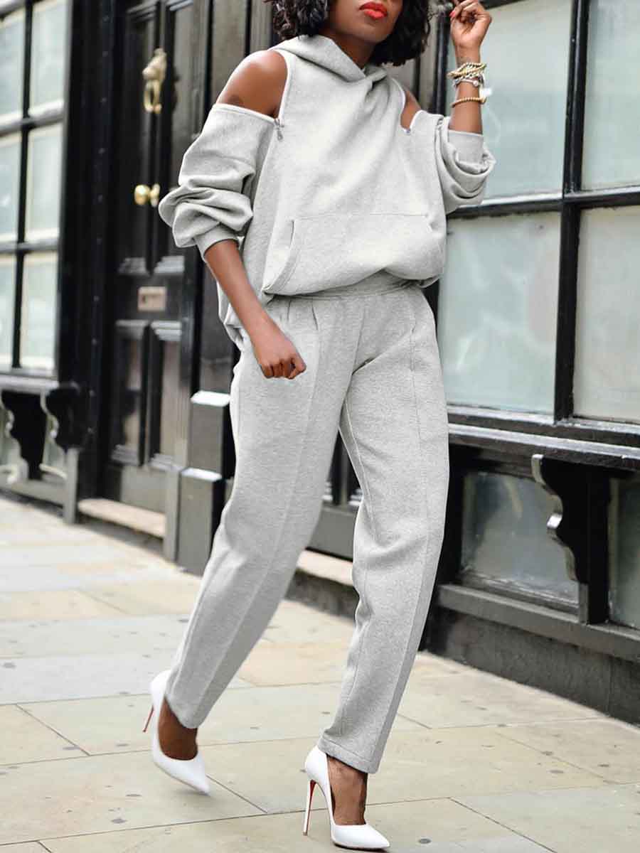 

lovely Sportswear Hooded Collar Hollow-out Grey Two Piece Pants Set