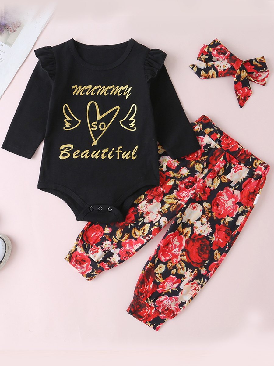 

lovely Casual O Neck Print Black Girl Two-piece Pants Set
