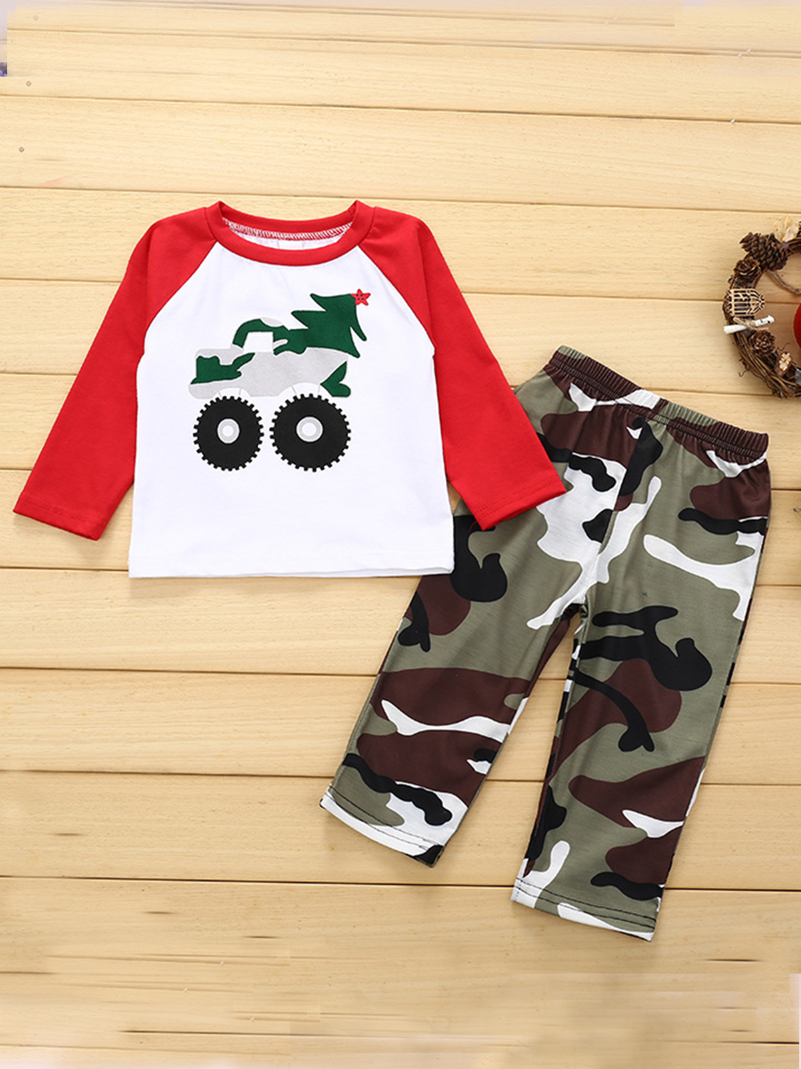 

lovely Sportswear O Neck Print Patchwork Red Boy Two-piece Pants Set