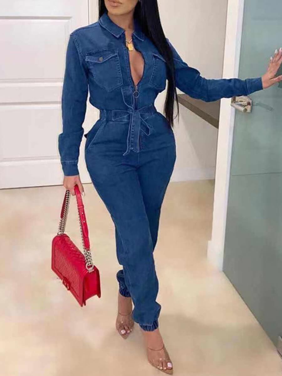 

Lovely Trendy Turndown Collar Lace-up Blue Denim One-piece Jumpsuit