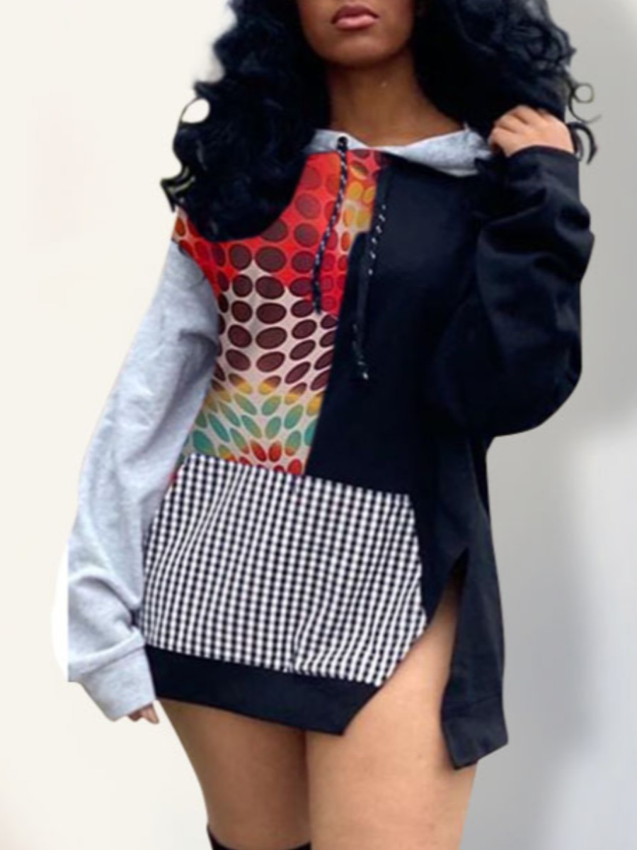 

lovely Casual Hooded Collar Print Patchwork Black Mini Dress