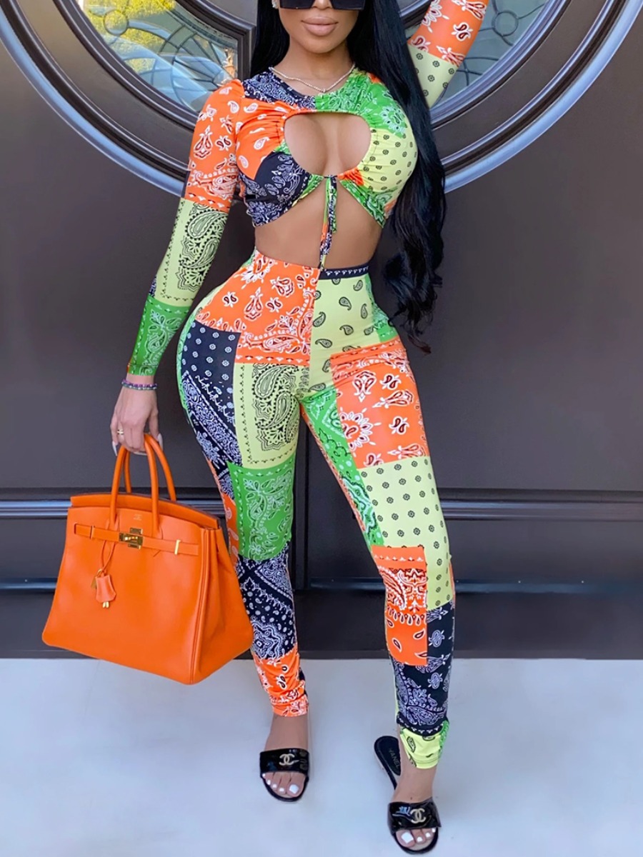 

lovely Trendy O Neck Print Hollow-out Light Green Two Piece Pants Set
