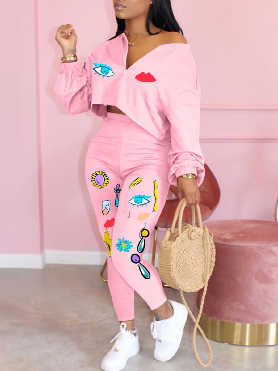 

lovely Casual Print Pink Two Piece Pants Set