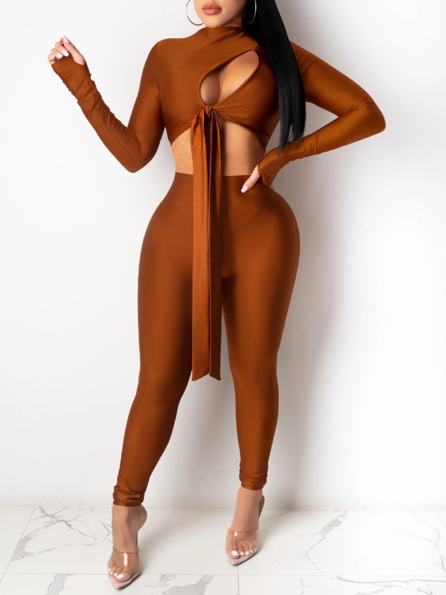 

lovely Sexy Hollow-out Lace-up Dark Coffee Two Piece Pants Set