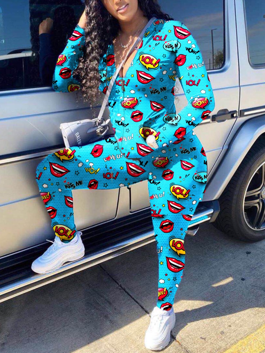 

lovely Trendy Print Zipper Design Blue Two Piece Pants Set