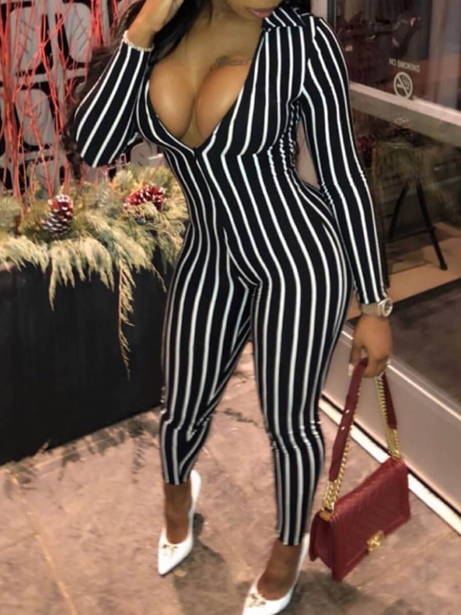 

Lovely Stylish Turndown Collar Striped Black One-piece Jumpsuit