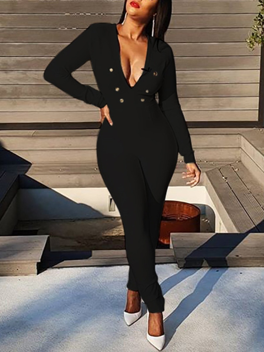 

lovely Sexy Deep V Neck Buttons Design Black One-piece Jumpsuit