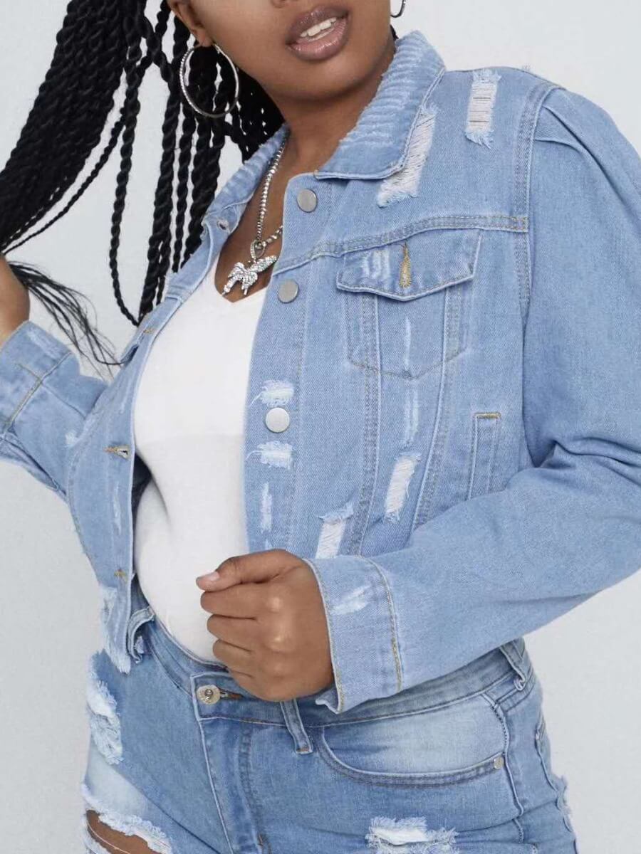 

Lovely Trendy Turndown Collar Broken Holes Blue Denim Jacket