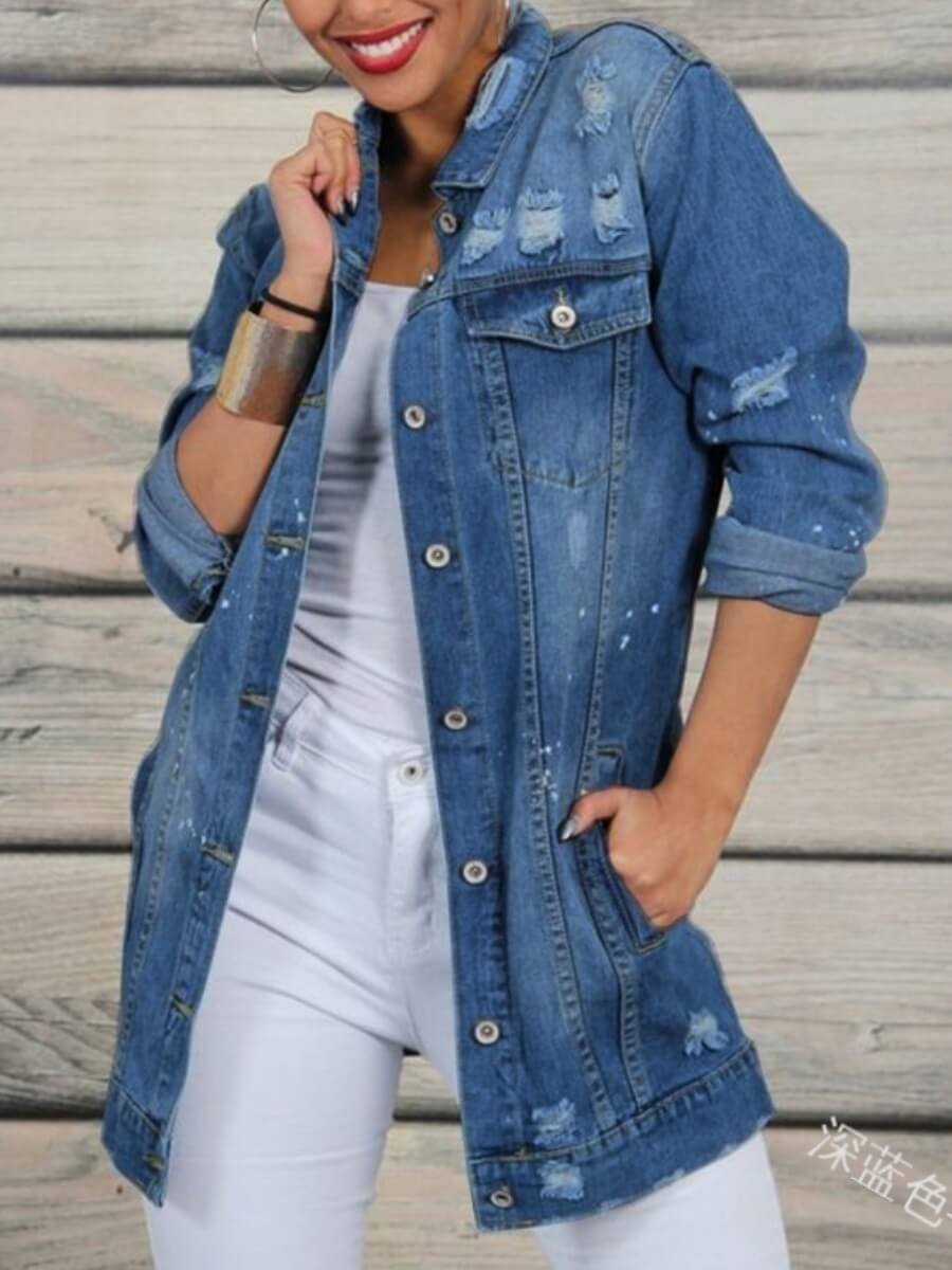 

Lovely Trendy Turndown Collar Buttons Design Deep Blue Denim Jacket