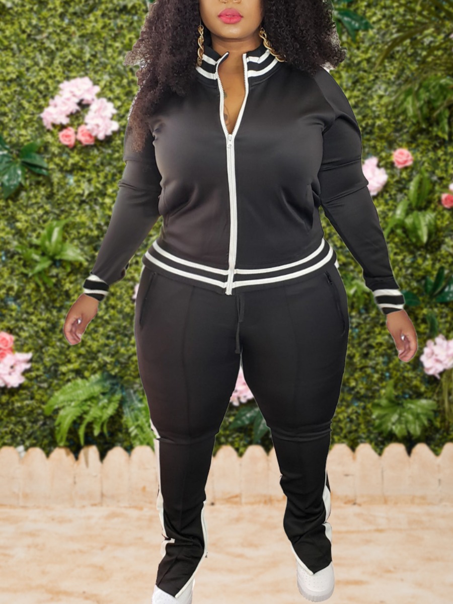 

lovely Sportswear Zipper Design Patchwork Black Plus Size Two-piece Pants Set