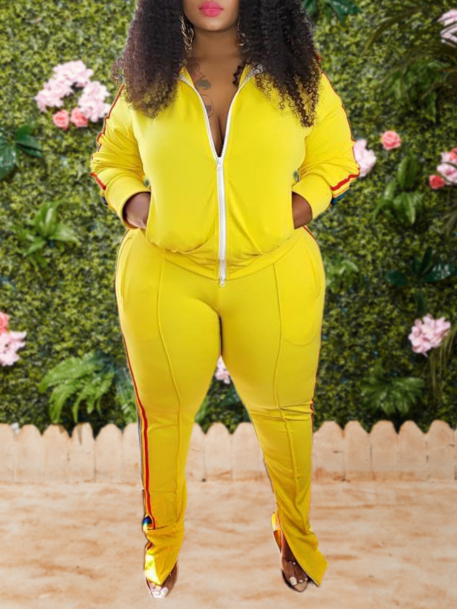 

lovely Sportswear Turndown Collar Patchwork Yellow Plus Size Two-piece Pants Set