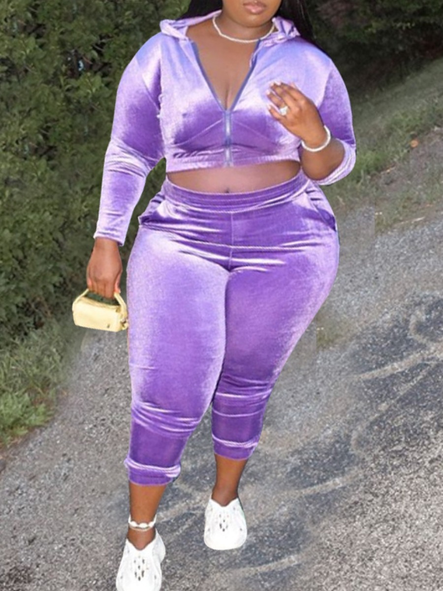 

Lovely Sportswear Hooded Collar Zipper Design Purple Plus Size Two-piece Pants Set