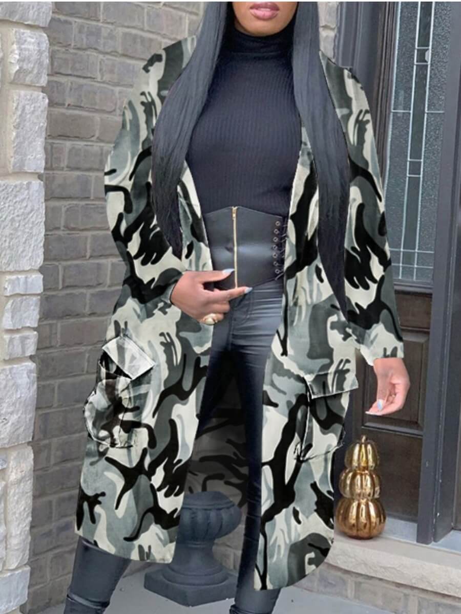 

Lovely Stylish Turndown Collar Camo Print Grey Long Trench Coat, Gray camouflage