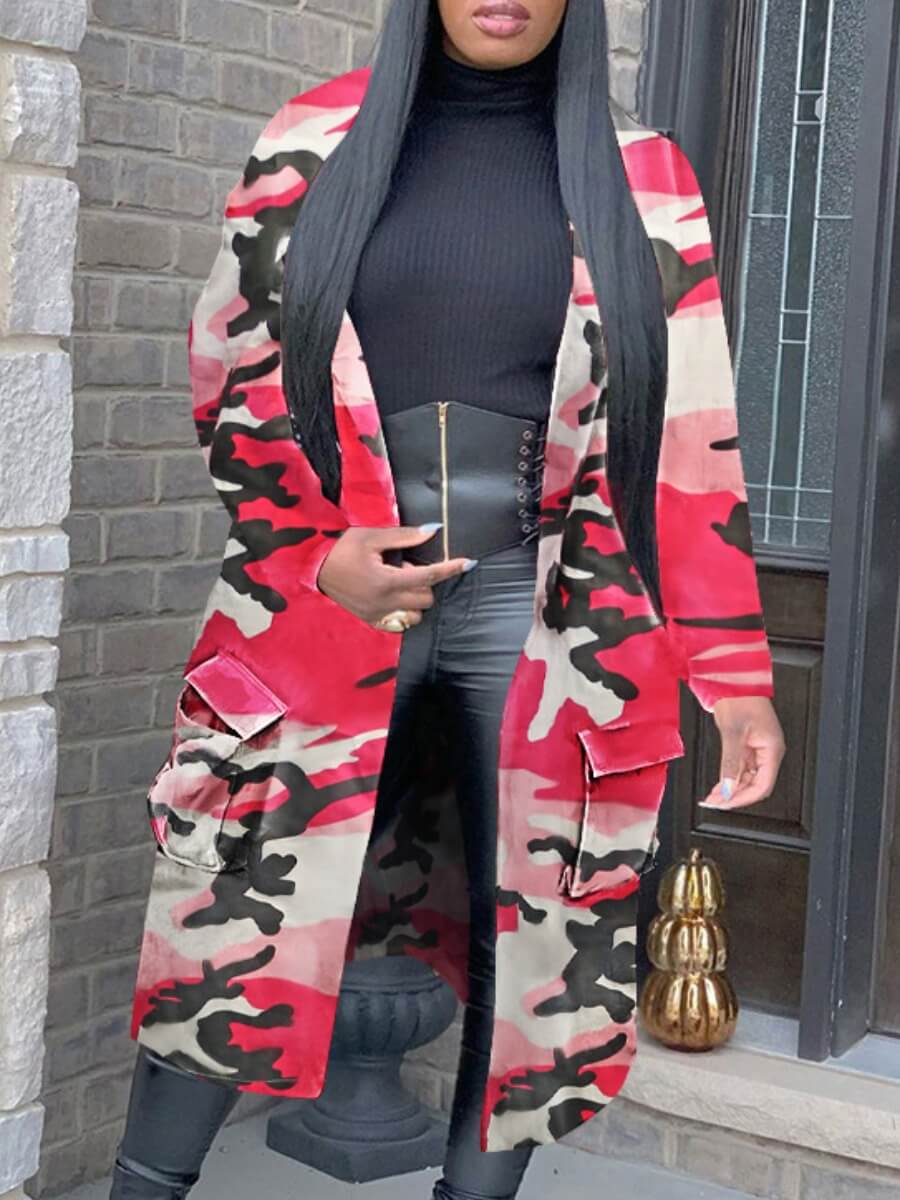 

Lovely Stylish Turndown Collar Camo Print Red Long Trench Coat, Red camouflage