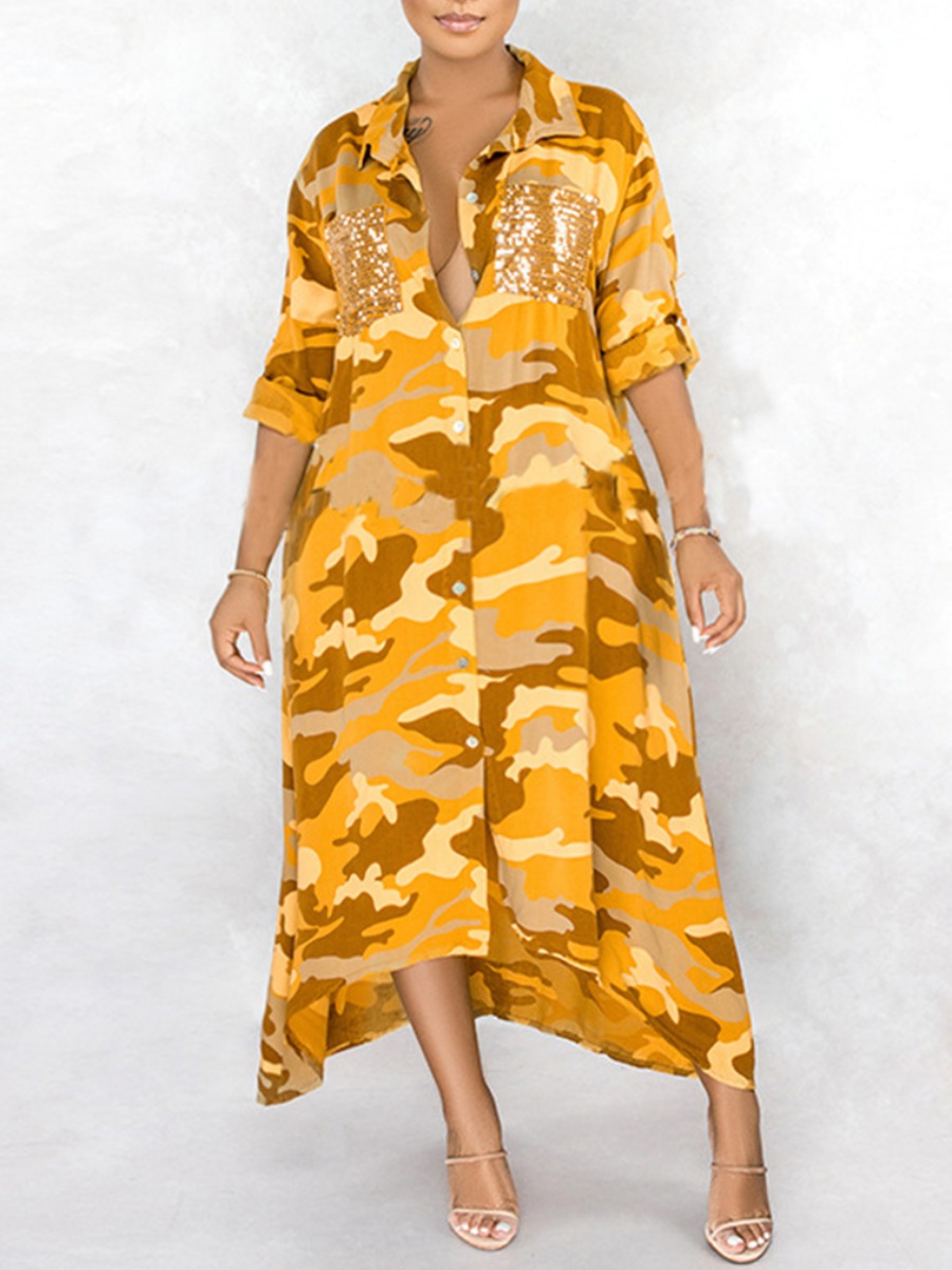 

Lovely Trendy Turndown Collar Camo Print Yellow Mid Calf Plus Size Dress