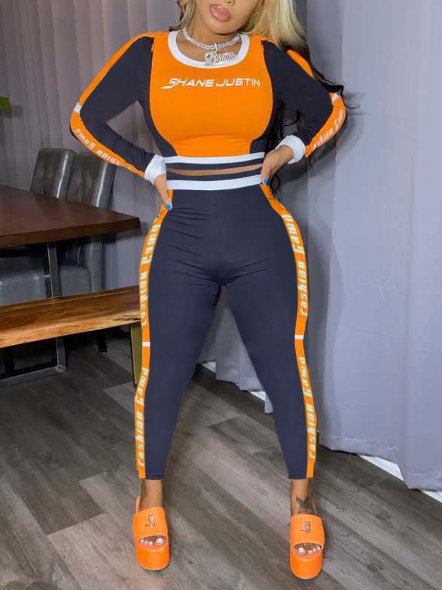 

lovely Sportswear Letter Patchwork Croci Two Piece Pants Set