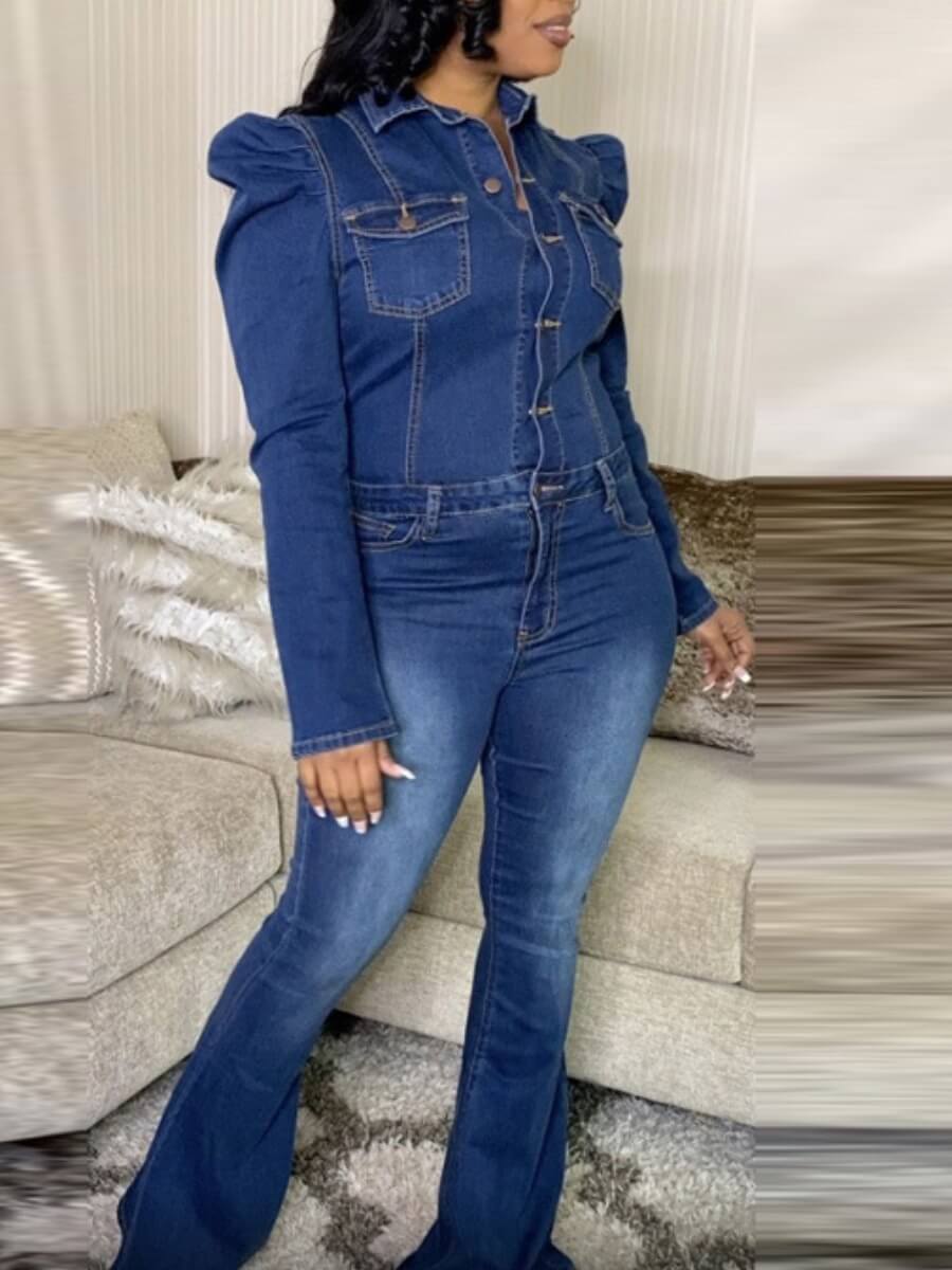

LW Trendy Turndown Collar Buttons Design Deep Blue One-piece Jumpsuit