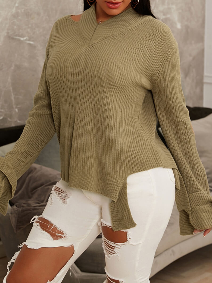 

Lovely Street V Neck Asymmetrical Khaki Sweater