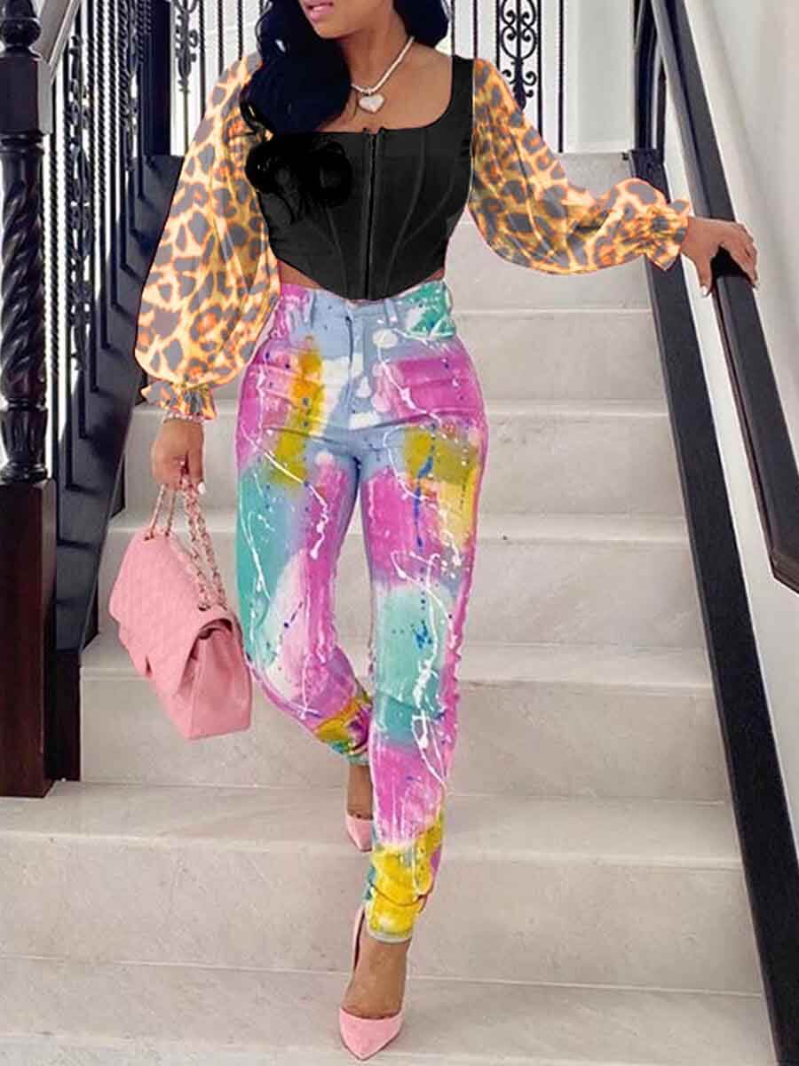 

lovely Stylish Square Collar Leopard Print Patchwork Black Blouse