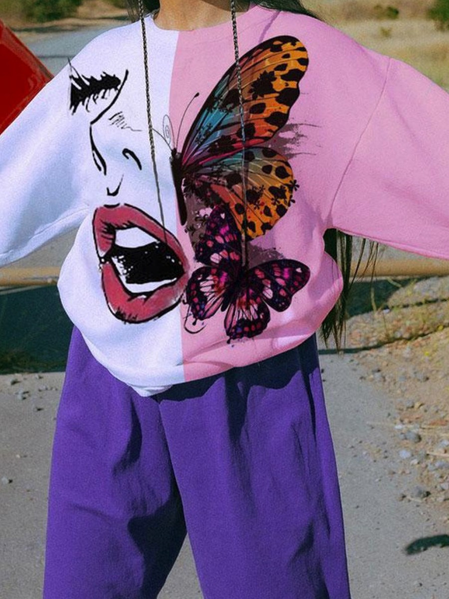 

lovely Stylish O Neck Butterfly Print Patchwork Pink Hoodie