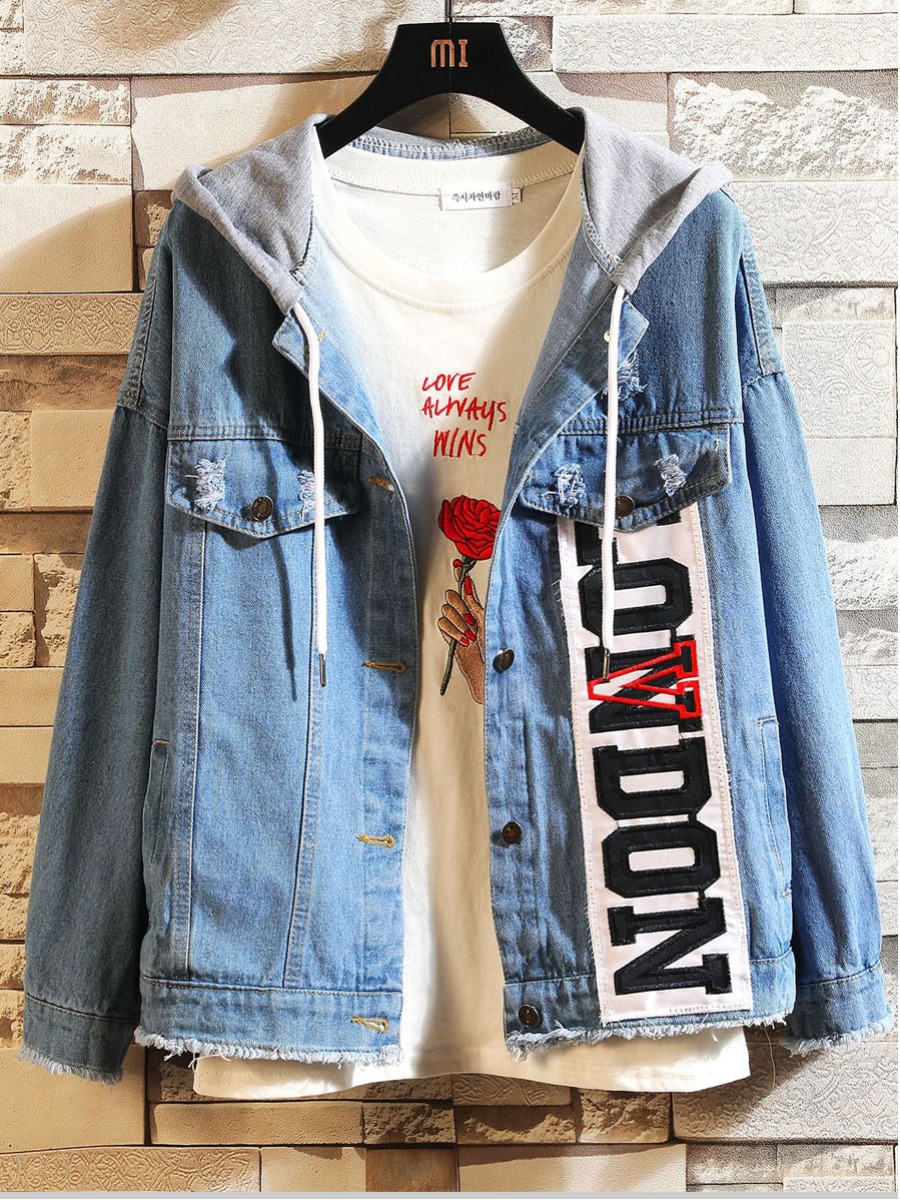 

lovely Trendy Hooded Collar Letter Print Deep Blue Men Denim Jacket