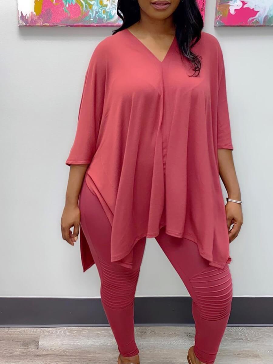 

LW Plus Size Casual V Neck Basic Pink Two-piece Pants Set