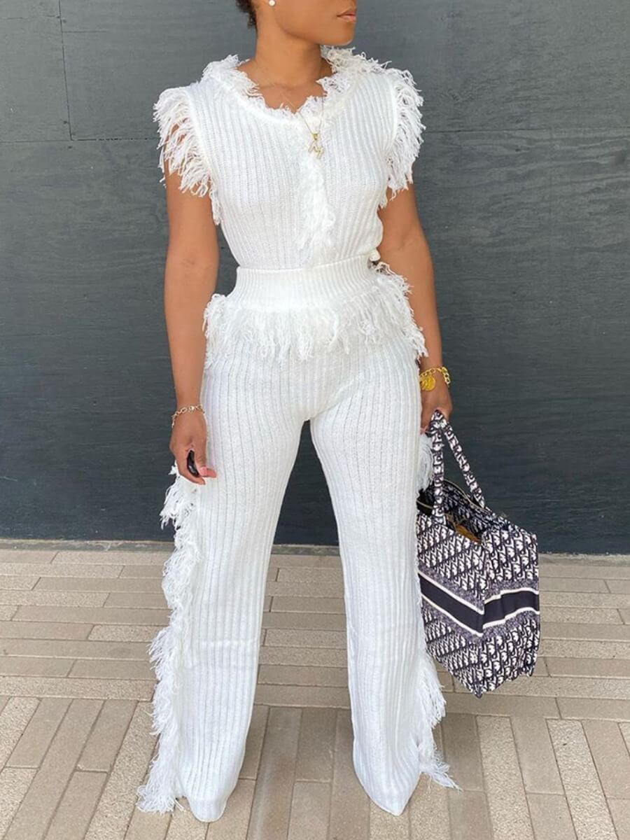 

Lovely Trendy Striped Tassel Design White Two Piece Pants Set