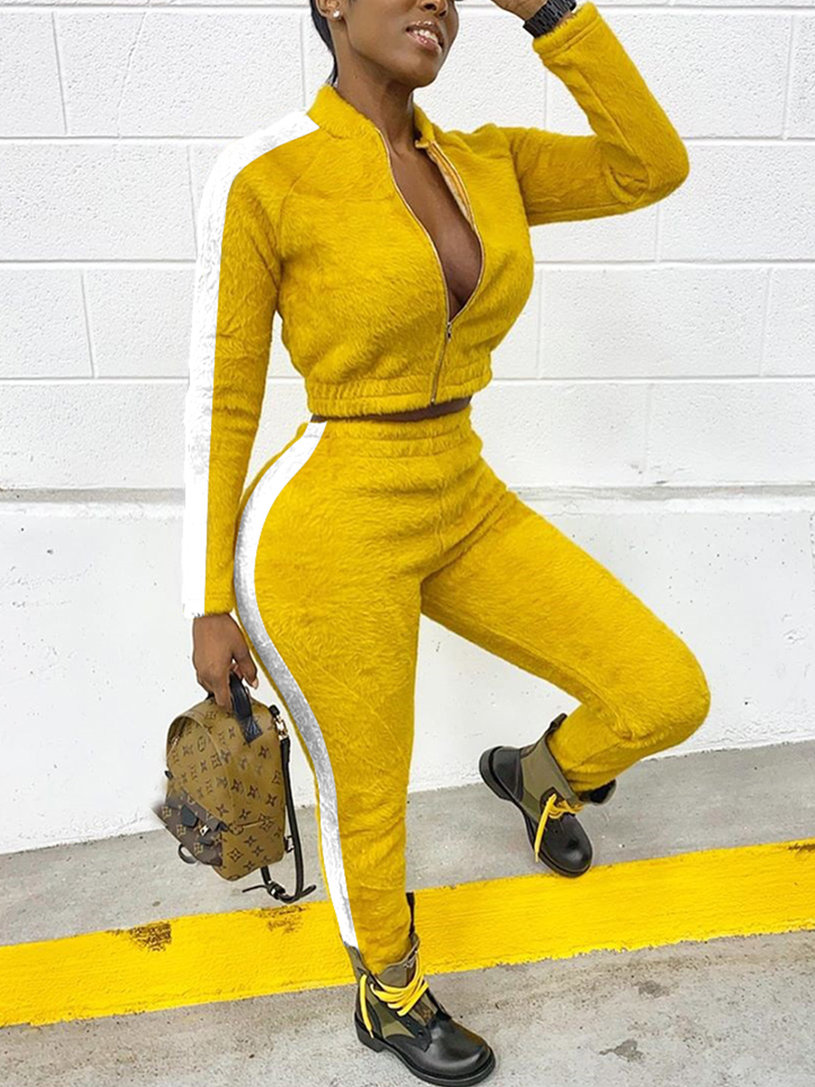 

lovely Street Zipper Design Patchwork Yellow Two Piece Pants Set