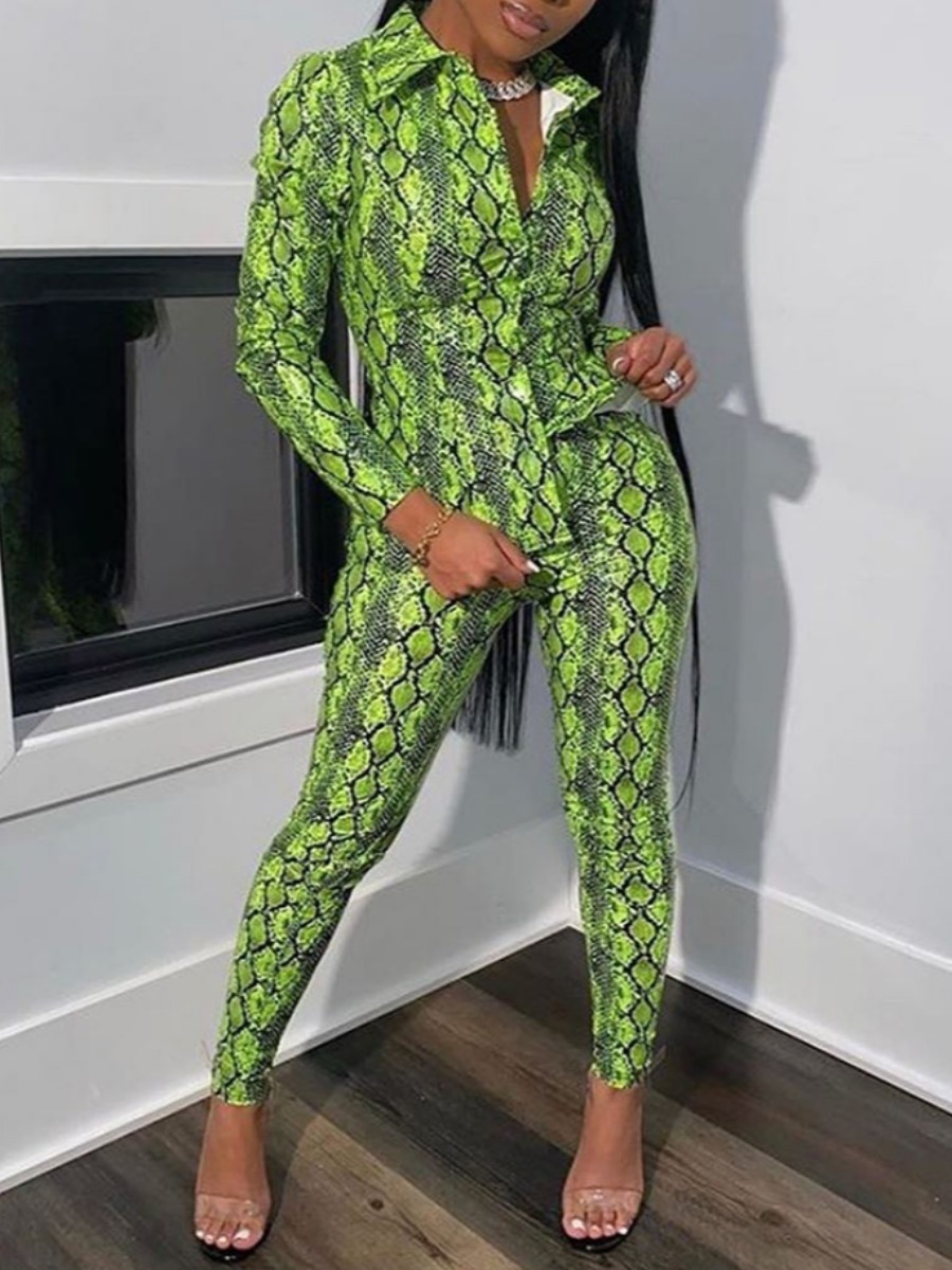 

lovely Casual Turndown Collar Print Light Green Two Piece Pants Set