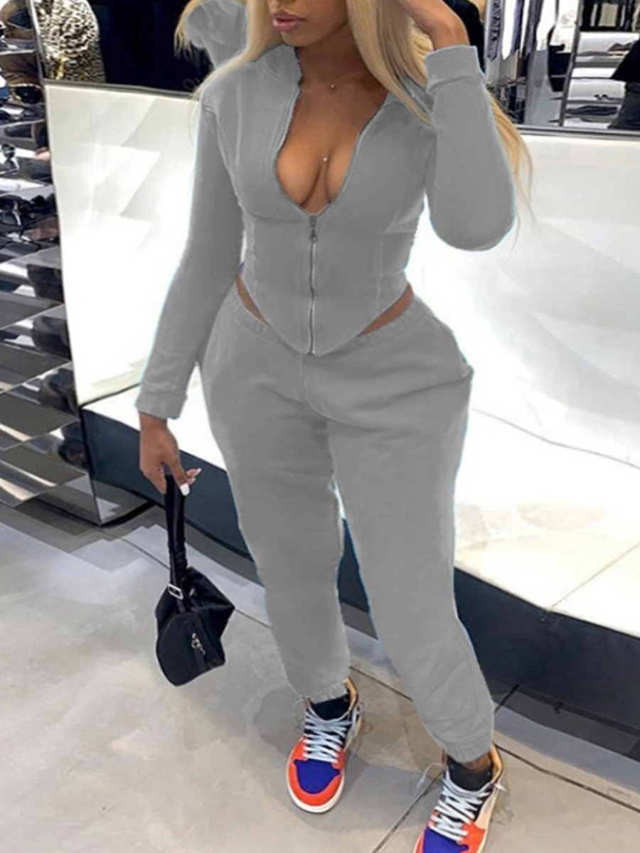 

lovely Sportswear Hooded Collar Zipper Design Grey Two Piece Pants Set