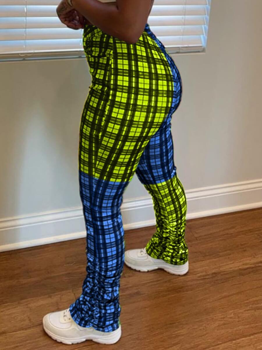 

Lovely Casual Grid Print Patchwork Blue Pants