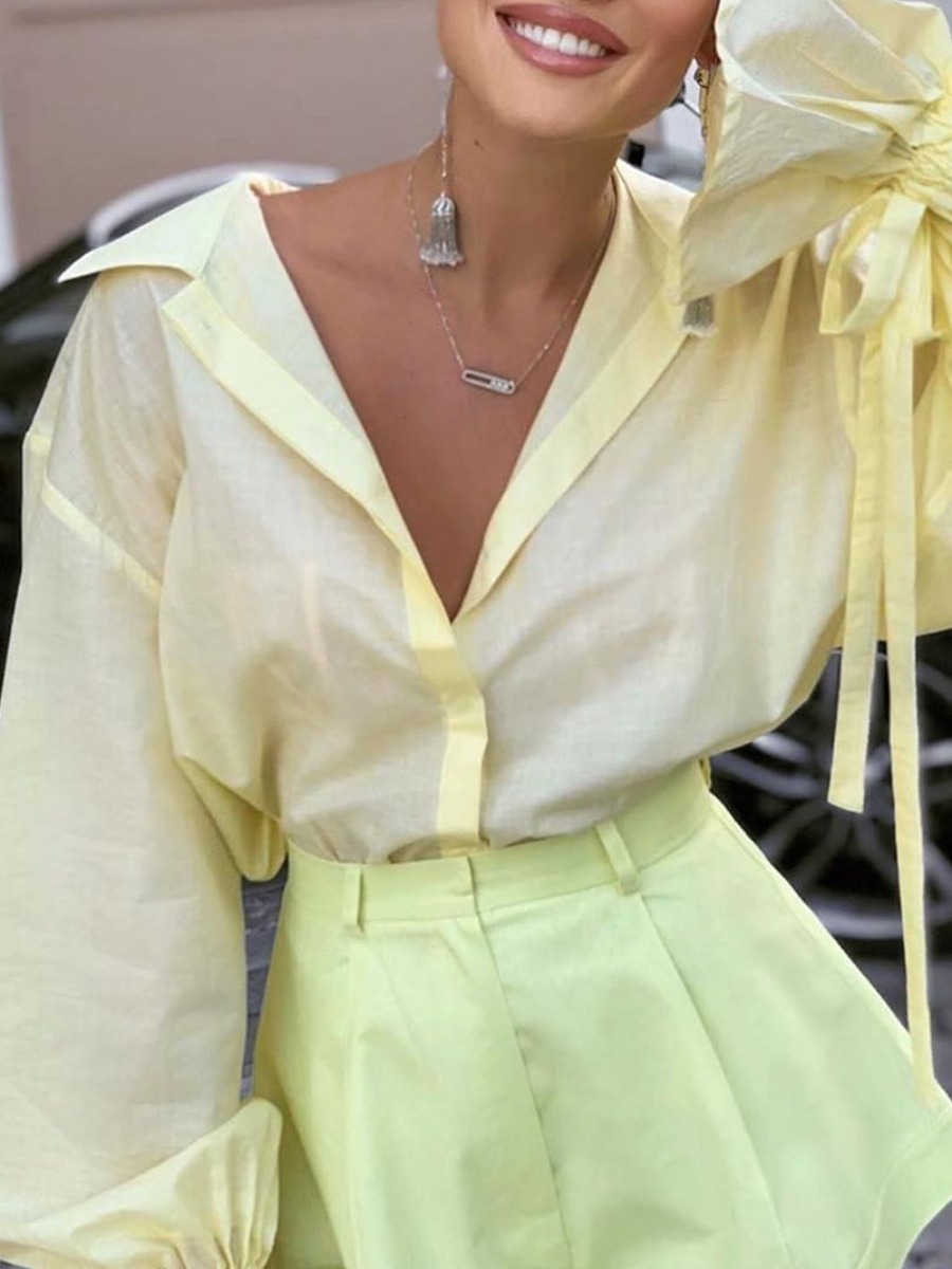 

lovely Stylish Turndown Collar Loose Yellow Blouse