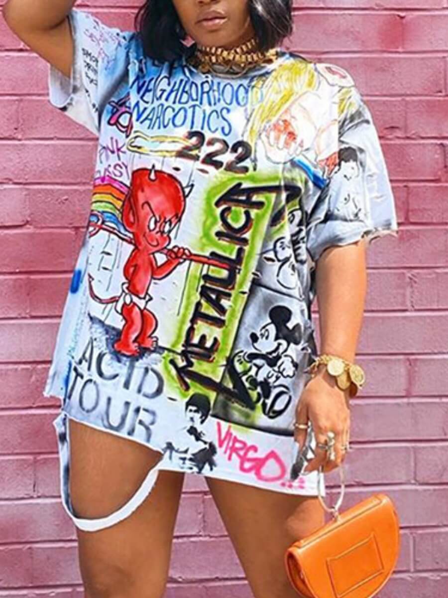 

LW Street O Neck Cartoon Print White Mini Dress