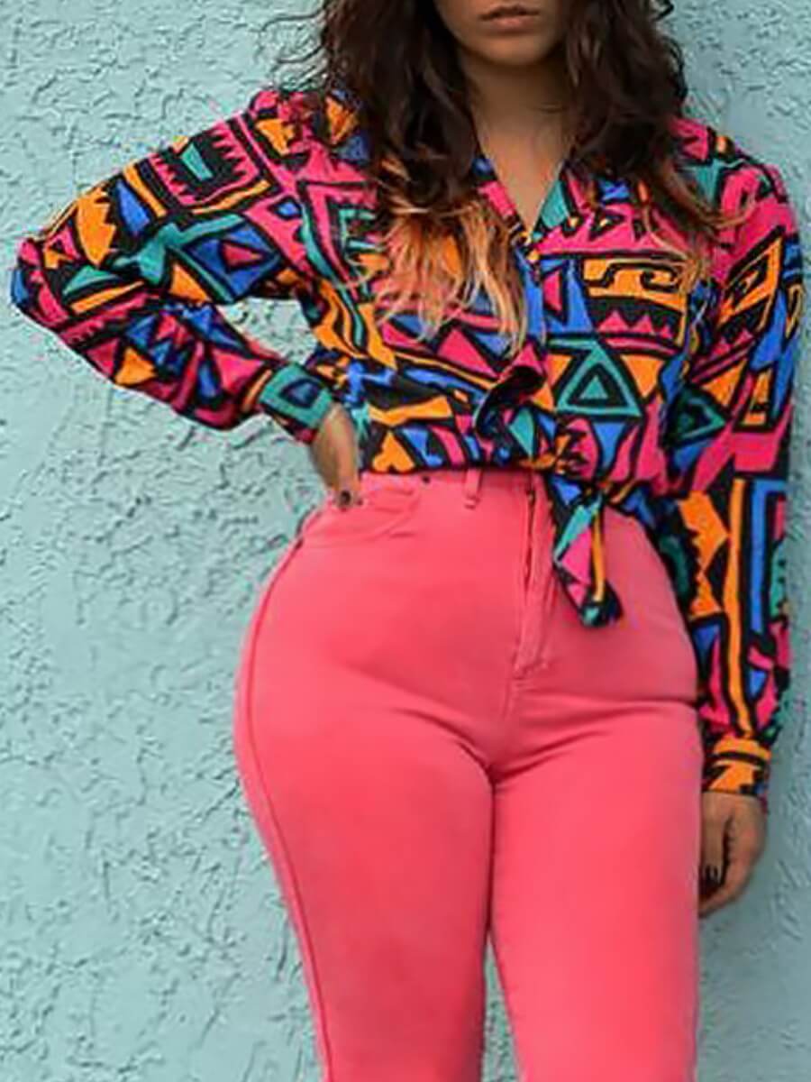 

Lovely Casual Turndown Collar Print Rose Red Blouse