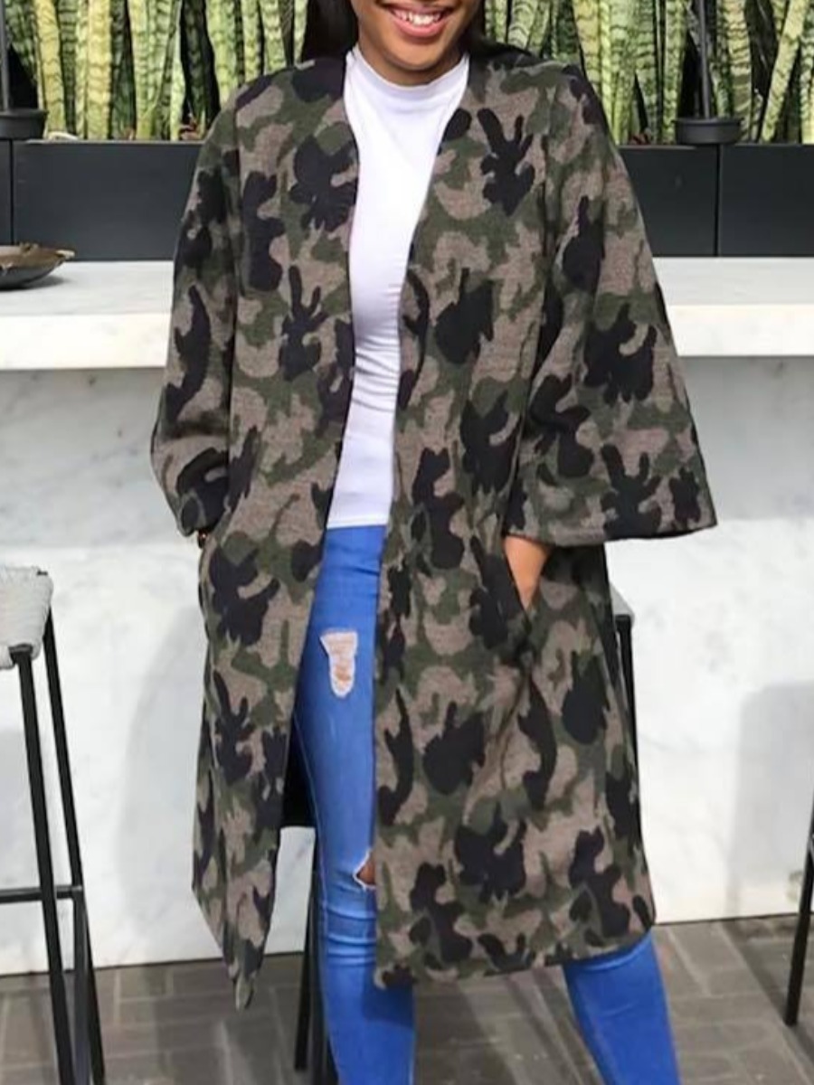 

lovely Trendy Camo Print Loose Grey Long Coat, Gray camouflage