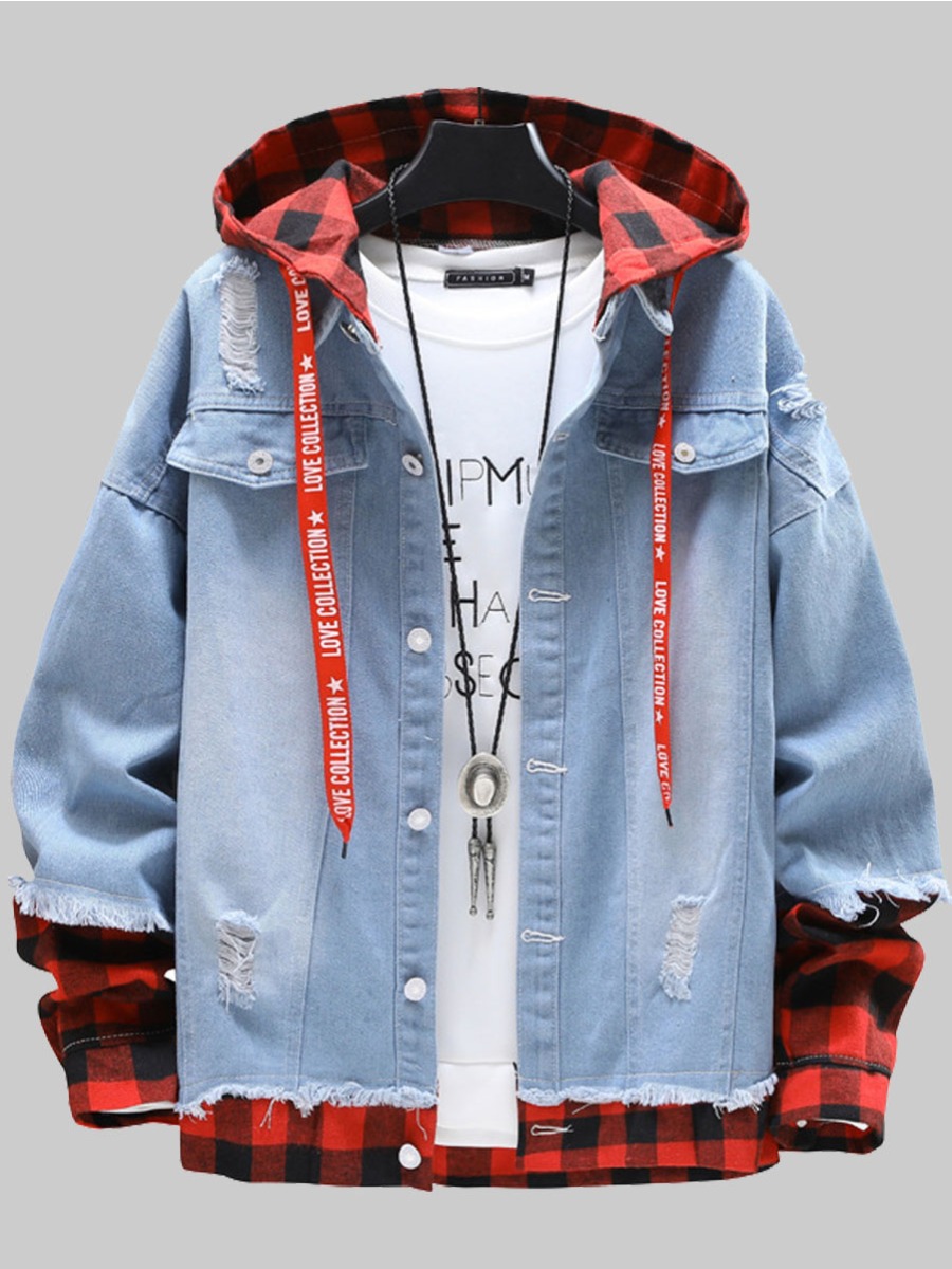 

lovely Street Hooded Collar False Two Piece Design Baby Blue Men Denim Jacket