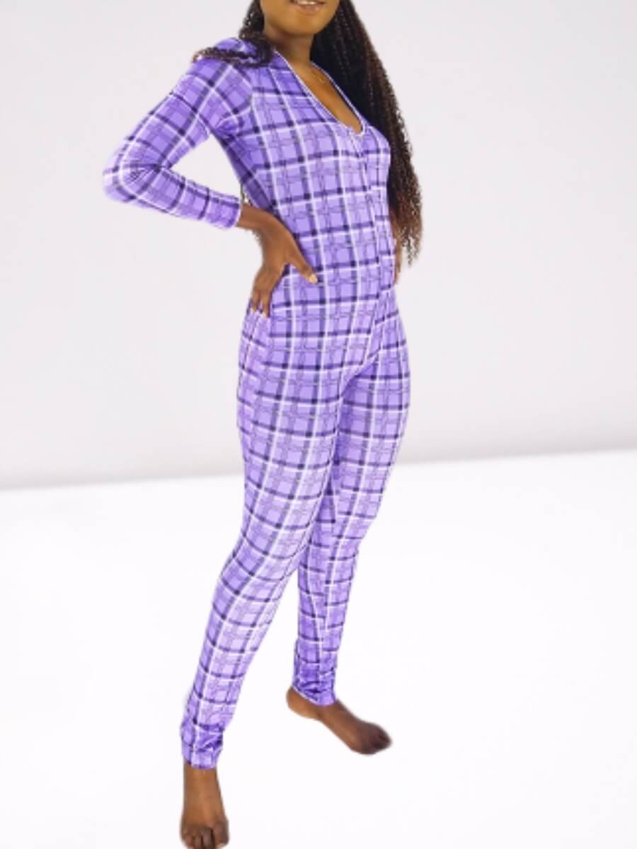 

Lovely Leisure V Neck Grid Print Purple Sleepwear