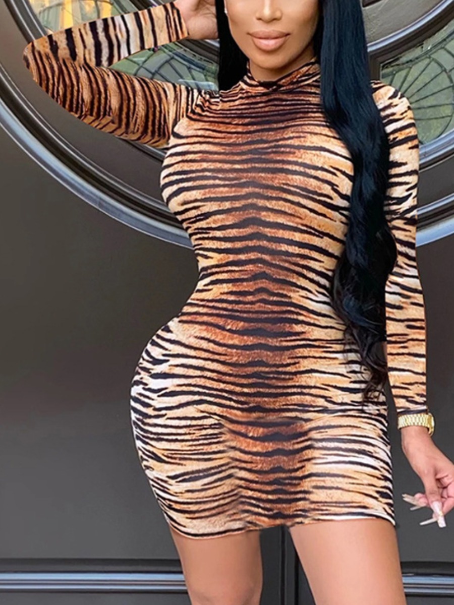 

lovely Stylish Turtleneck Tiger Stripes Brown Mini Dress