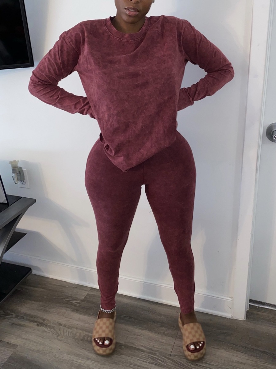 

lovely Leisure O Neck Basic Skinny Wine Red Two Piece Pants Set