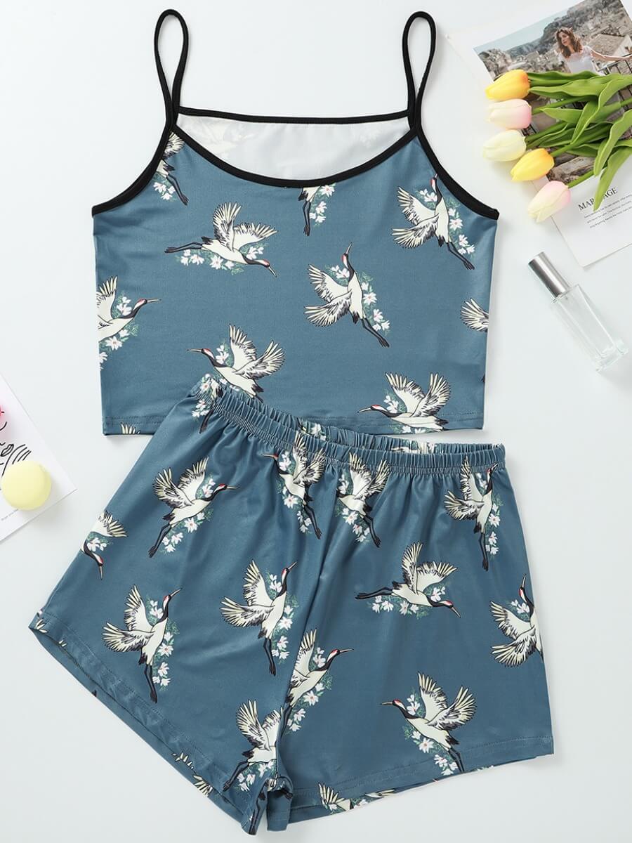 

Lovely Sexy Spaghetti Strap Print Blue Sleepwear