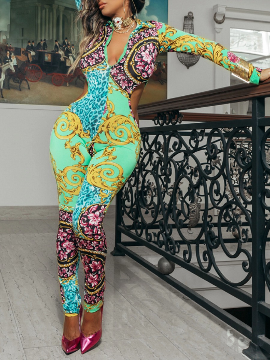 

lovely Bohemian Print Hollow-out Green One-piece Jumpsuit