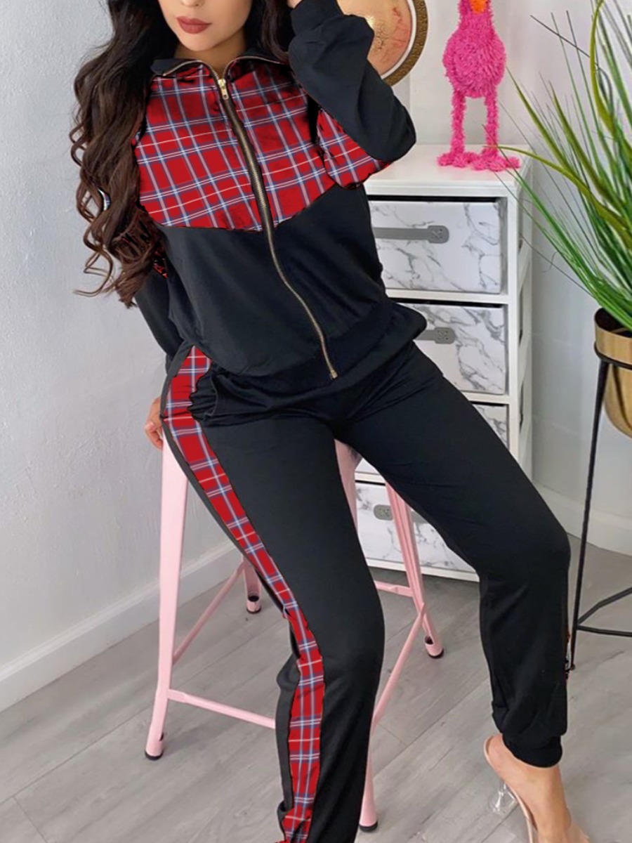 

lovely Sportswear Zipper Design Patchwork Black Two Piece Pants Set(Batch Grid