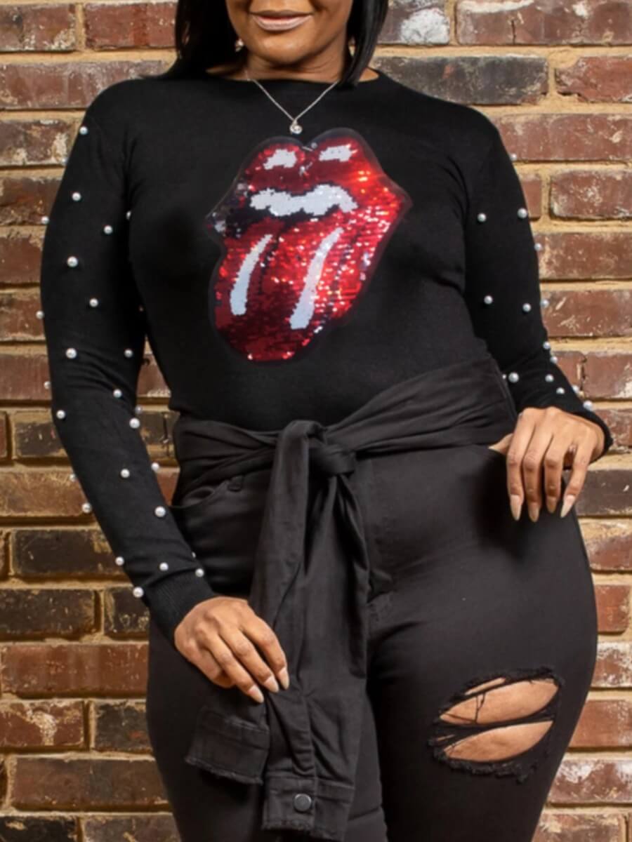 

Lovely Plus Size Casual O Neck Lip Print Black T-shirt