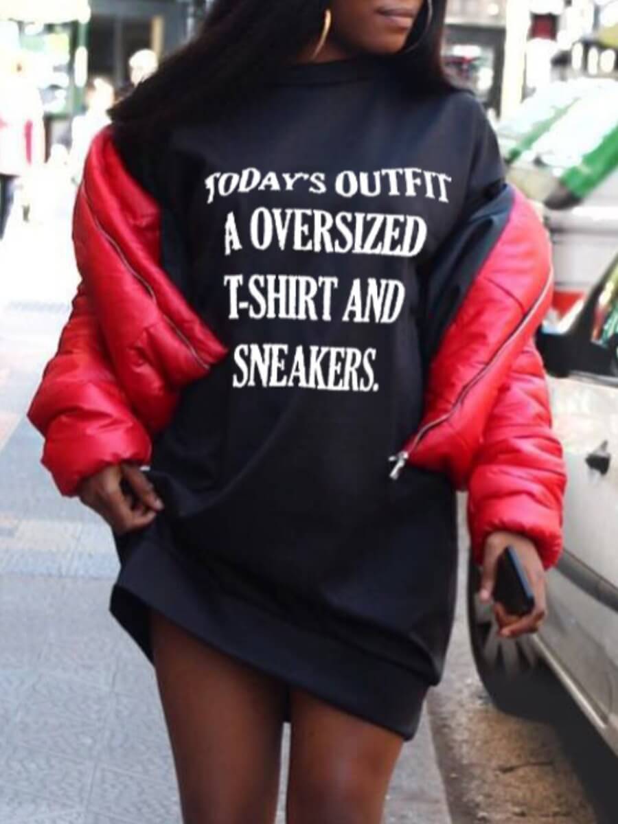 

Lovely Casual O Neck Letter Print Patchwork Black Mini Dress