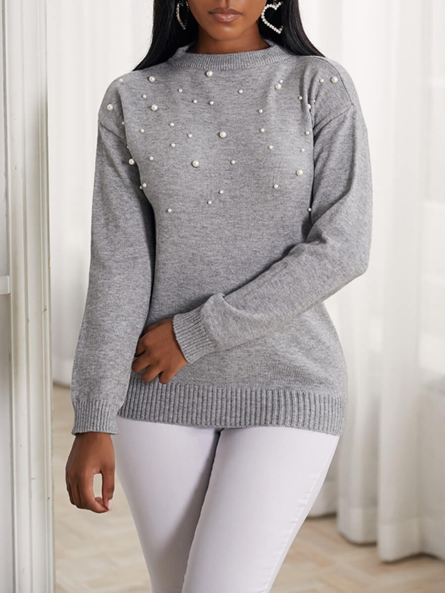 

Lovely Casual O Neck Nail Bead Design Grey Sweater