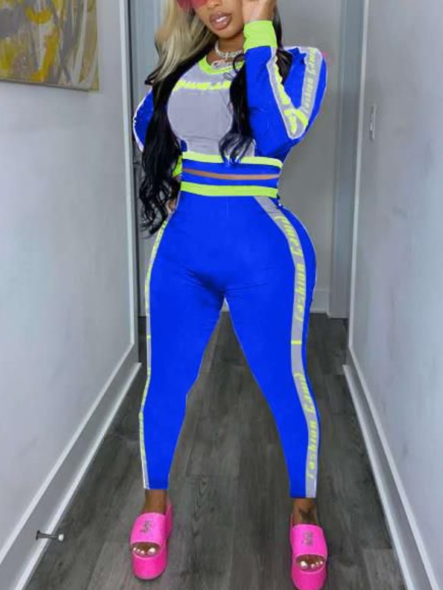 

lovely Sportswear Letter Patchwork Blue Two Piece Pants Set