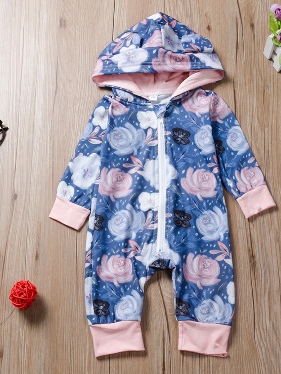 

lovely Street Hooded Collar Floral Print Deep Blue Girl One-piece Jumpsuit